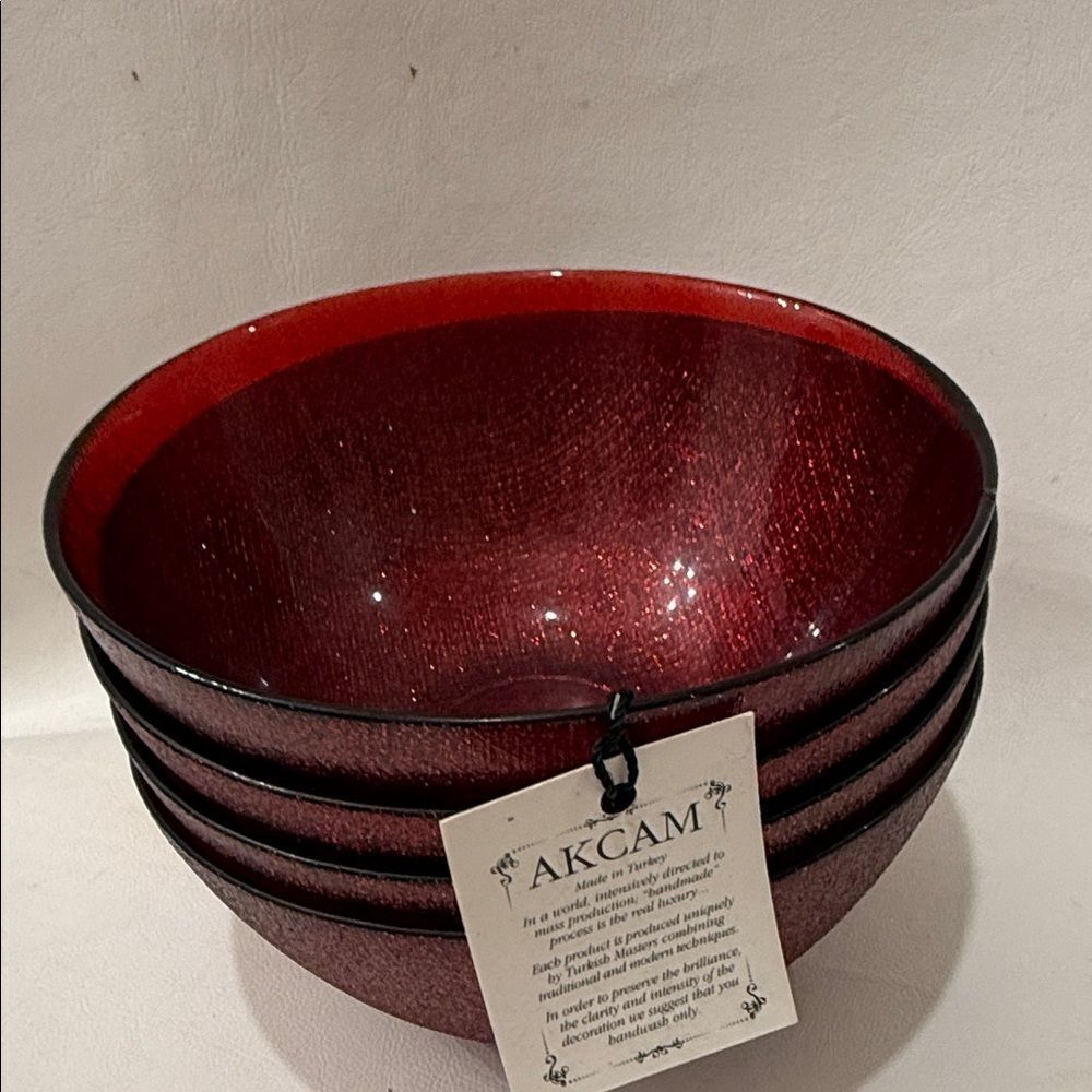 Akcam Ruby Red Glittering Glass 4 Bowl Set 20 Oz 5 1/2 In Round 2 1/2 In Tall